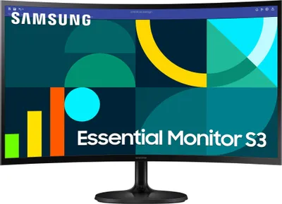 A Samsung Essential Monitor S3 is displayed with a colorful abstract background.