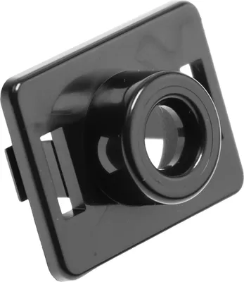 A close-up product shot of a black plastic camera mount with a lens.