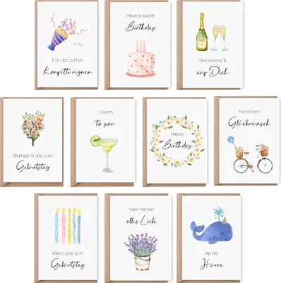 Produktbild von 10 Glückwunschkarten Geburtstag im Set inkl. Umschläge | Aquarell