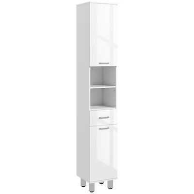 A tall, narrow white cabinet with doors and drawers, standing on four silver legs against a white background.