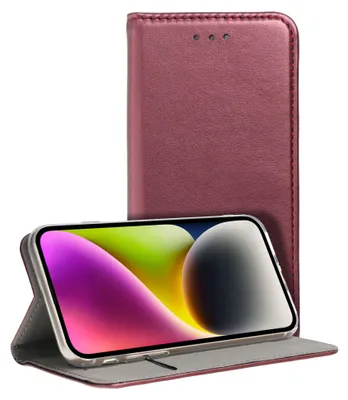 A red flip case for a smartphone is shown, with the phone inside and its screen displaying a colorful wallpaper. The case is open, revealing the phone and the interior of the case.