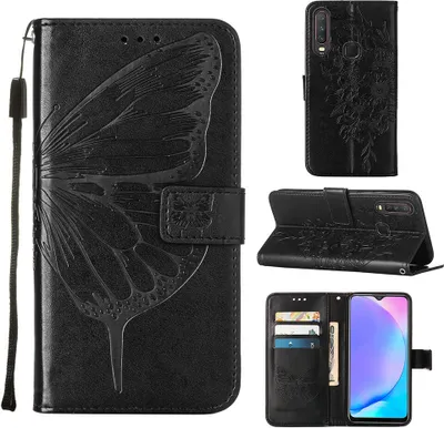 Produktbild von vivo Y17 Hülle, Schmetterling Prägung Flip Leder Kartenfächer Schutzhülle Ledertasche mit Ständer für vivo Y17 / Y15 / Y12 / U10 / Y11 / Y3 Schwarz