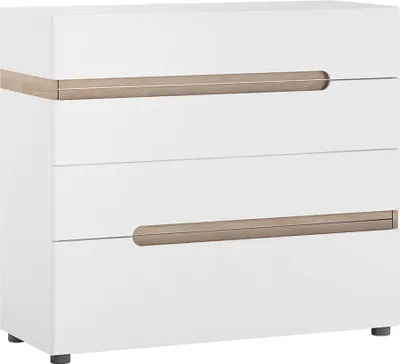 Produktbild von Schubkastenkommode in weiß Hochglanz mit Trüffel Eiche Nb. LEGNICA-129, B/H/T ca. 96/86,5/42 cm