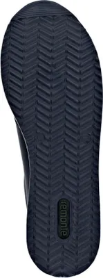 The sole of a dark blue sneaker is shown against a white background.