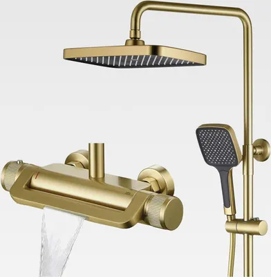 Produktbild von Duschsystem mit Thermostat Gold 3 Funktions Duscharmatur Komplettset Duschset Regendusche Dusche Regendusche Set Duschgarnitur mit Regendusch, Handbrause, Wasserfall Badewannenarmatur