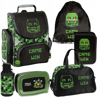 Image de Ensemble de 6 pièces pour le cartable, pour filles et garçons, sur le thème du jeu PIXELS – Cartable Paso, trousse, sac, gourde, sac à goûter
