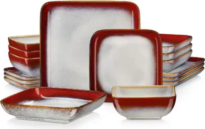 A set of square ceramic dishes with a red and white gradient glaze.