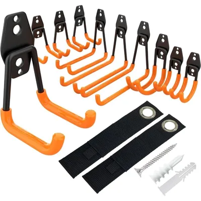 Productafbeelding van Set van 12 wandhaken voor de garage | Zware belasting, dubbele haken | Ruimtebesparende opslag | Draagvermogen tot 35 kg | Oranje