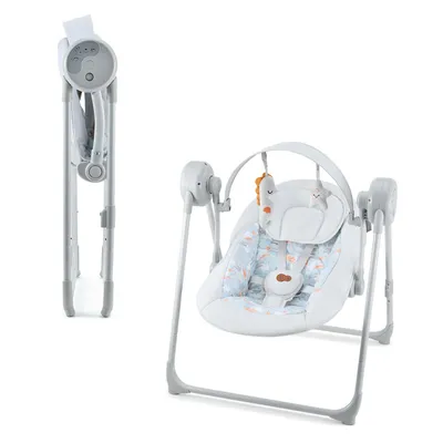A baby swing is shown in two states: folded and unfolded.
