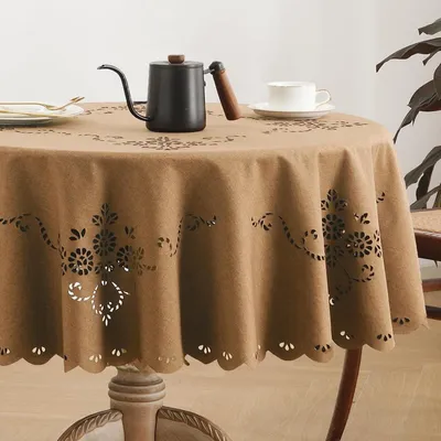 Immagine prodotto di Tovaglia lavabile, rotonda, diametro 140 cm, effetto macramè, aspetto lino, realizzata in poliestere