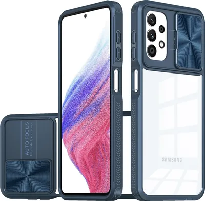 A blue phone case with a clear back and a sliding camera cover is shown from multiple angles.