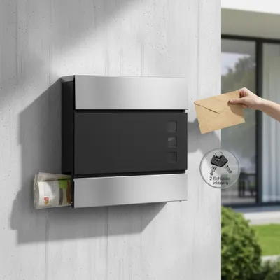 Produktbild von Melko Briefkasten mit Zeitungsrolle Mailbox Postkasten - Edelstahl / Schwarz