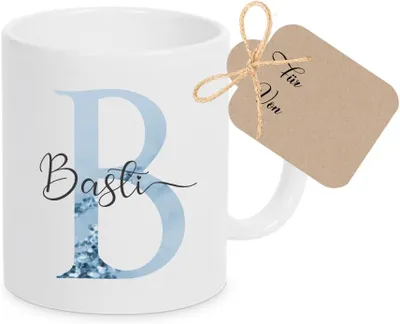 Produktbild von Personalisierte Kaffeetasse mit Namen und Buchstaben in Blau