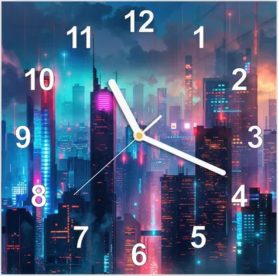 Produktbild von Wanduhr aus Glas mit Motiv Zukunftsstadt- 30 x 30 cm - inkl. Aufhängesystem