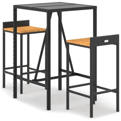Image de set bar de jardin 3 pièces noir Poly rotin & acacia massif