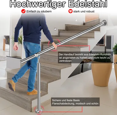 Produktbild von LZQ Edelstahl Eingangsgeländer 150 x 90 cm Handlauf Geländer für Treppen Wandhandlauf Treppengeländer für Drinnen und Draußen Treppenhaus