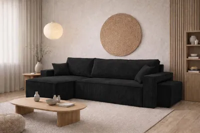 Image de Canapé d'angle  avec fonction couchage et pouf, velours côtelé Poso, noir, configuration ? gauche, BEST L avec pouf
