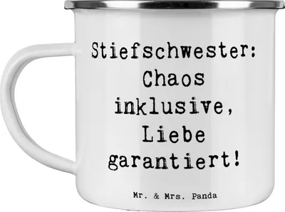Produktbild von Mr. & Mrs. Panda Emaille Tasse Spruch Stiefschwester Liebe - Weiß - Geschenk, Pott, Familienleben, Geschenke, Verwandte, Beziehung, Verbindung, Lächeln, Chaos, Kaffeepott