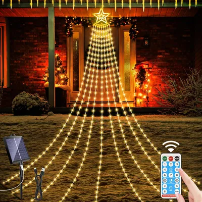 Solar-Weihnachtsbaumbeleuchtung, Stern, 9 Stränge, 350 LEDs, warmweiß