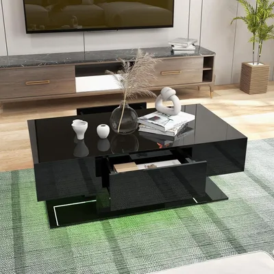 Zdjęcie produktu dla Stolik kawowy - stolik do salonu - nowoczesny salon - regulowane oświetlenie LED - 110 x 60 x 40 cm - czarny
