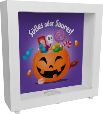 Produktbild von Süßes oder Saures Halloween Rahmen Spardose aus Holz mit lustigem Kürbis