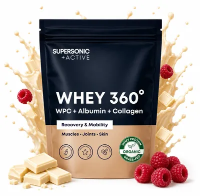 Produktbild von SUPERSONIC Whey 360° Grass-Fed Weiße Schokolade-Himbeere 500 g – 20 g Eiweiß aus 3 Quellen mit Kollagen Peptan®