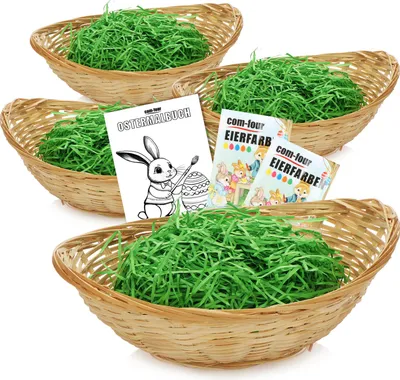 Produktbild von com-four® 4x Osterkörbchen mit 100g  Deko Gras, Eierfarben und Malbuch