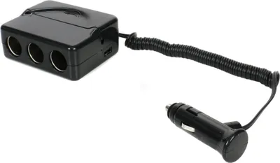 Produktbild von Multifunktions-KFZ-Ladegerät mitTelefonhalter für PKW, LKW und Wohnmobil, 3 Steckosen, 2 USB-Buchsen, 2 Klebe-Pads, 12-24V