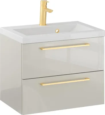 Produktbild von FURNI Waschtischunterschrank RON 60 cm - Kaschmir - Hängender Badschrank mit Mineralguss - Waschbecken - Griffe Gold gebürstet - Vormontiert