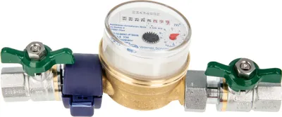 Produktbild von Einstrahlzähler ETK Kombi-Set (Kaltwasser) bis 30 Grad Länge 80 mm, inkl. Kugelhähne grün 1/2 Zoll, Plombierschelle