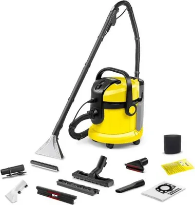 A yellow and black Kärcher wet and dry vacuum cleaner with various attachments is displayed on a white background.