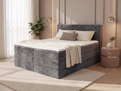 Produktbild von Boxspringbett Mollo XL mit 2 Bettkästen und Topper, mit Taschenfederkern- und Bonellfederkernmatratze, Doppelbett, Polsterbett aus Cordstoff mit Stauraum (Graphit (Tilia 90), 160 x 200 cm)