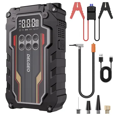 Produktbild von 10000mAh Starthilfegerät – 600A Spitzenstrom, 150PSI Luftpumpe, 5V/2A USB, Typ-C, 12V – Kompakte Notfall-Powerstation für Auto und Reisen