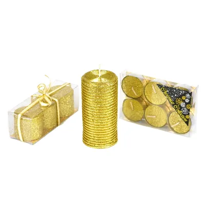 Produktbild von Kerzenset Gold Glitter 10-teilig, 1 große Kerze (H 9,5 cm, B 5 cm), 3 kleine Kerzen (H 3,5 cm)
