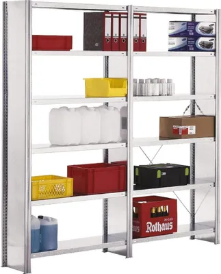 Produktbild von Fachbodenregal FALKE mit Seitenwand | Light-Duty | Grundregal | HxBxT 300x129x60cm | 7 Ebenen | Fachlast 150kg | Einseitig nutzbar | Verzinkt