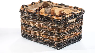 Produktbild von Kaminholzkorb aus Rattan und Bananenblatt mit abnehmbarem Jutestoff - Wooden trolley Holzablage Brennholzkorb Feuerkorb Rustikal Aufbewahrung Körbe