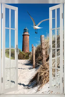 Produktbild von Wallario Wandbild aus Acryl, 60 x 90 cm, freischwebende Optik - Möwe am Strand mit Leuchtturm mit Fenster-Illusion