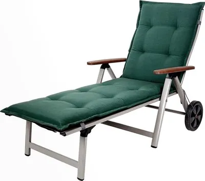 A green chaise lounge with a padded cushion and wooden armrests, shown against a white background. The chaise lounge has wheels at the back for portability.
