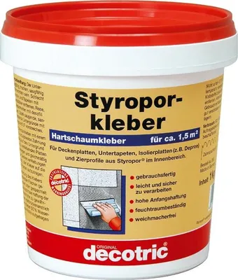 A white plastic tub with a red lid containing Styropor adhesive, with product information and branding visible on the label.