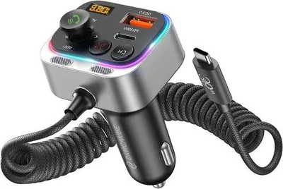 Image de Adaptateur pour voiture avec Bluetooth 5.4, chargeur 66 W PD QC 3.0, câble USB-C, radio FM sans fil, microphones et son Hi-Fi avec basses puissantes, interrupteur mains libres
