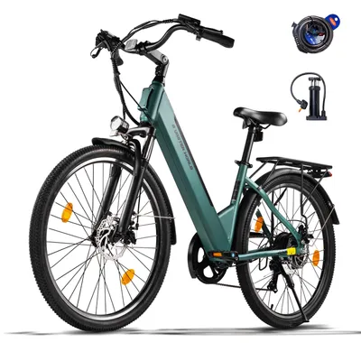 Produktbild von A32 E-Bike Türkis Citybike 26 Zoll, 250W, 36V 12,8Ah Akku, Shimano 7-Gang, Scheibenbremsen, LCD Display, Trekking Elektrofahrrad für Damen und Herren