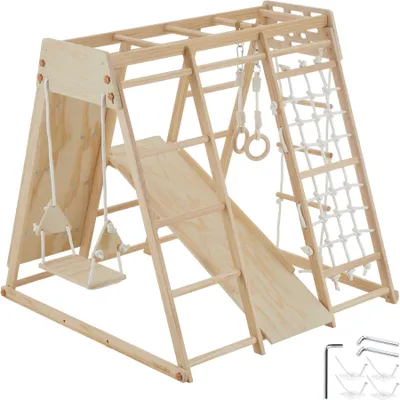 Produktbild von tectake® Klettergerüst 8in1 Indoor aus Holz mit Rutsche, Schaukel, Turnringen, klappbar, ab 3 Jahren, 3 Kinder, 127x123x120cm, hellbraun