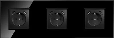 Produktbild von 3-fach Steckdose + 2x USB Schwarz Komplett mit Glasrahmen Schuko 230V QUADRA