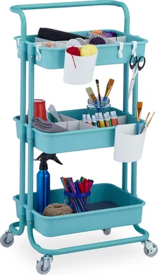 Immagine prodotto di Carrello Relaxdays, 3 ripiani, carrello multiuso, per hobby, ufficio, bagno, cucina, HBT 86x43x42 cm, metallo e plastica, turchese