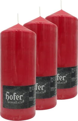 Produktbild von HOFER Stumpenkerzen Rot 3er Set – 8 x 20 cm – 80h Brenndauer – Tropffrei, Duftfrei – Ideal für Deko & Kirche