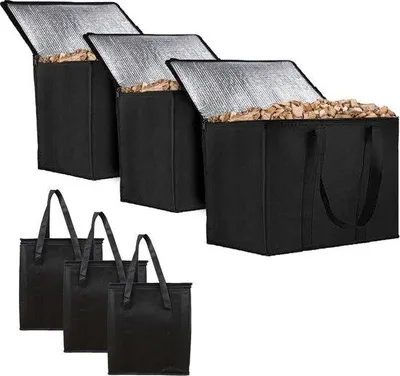 Immagine prodotto di Cassa portaoggetti in pelle a tre scomparti con manici - Contenitore per piastrelle - Contenitore per la conservazione di legna, carbone e carbone di legna - Contenitore portaoggetti per barbecue
