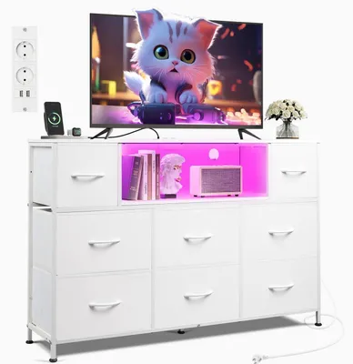 Obrázek produktu pro Komoda s 8 zásuvkami potaženými látkou a s elektrickými zásuvkami, rozměry 120 x 30 x 79 cm, barva bílá