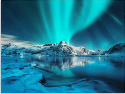 Produktbild von MuchoWow® Poster Nordlicht - Eis - Schnee - Norwegen - Blau - Berge 40x30 cm - Plakate für die Wände - Poster Wohnzimmer