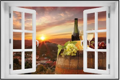 Produktbild von Wallario Wandbild mit Fenster-Illusion: Wein Romantik - Weißwein mit Käse auf einem Fass, Größe: 61 x 91,5 cm, Poster mit schwarzem Aluminiumrahmen