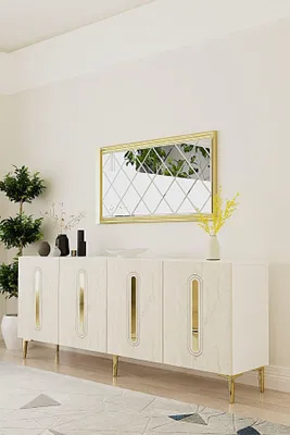 Produktbild von Skye Decor, Hochwertiger Konsolentisch, 180 cm, Weiß/Travertin/Gold, 100% Melamin